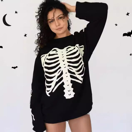 Bone Skull Dark Retro Long Sleeve Round Neck