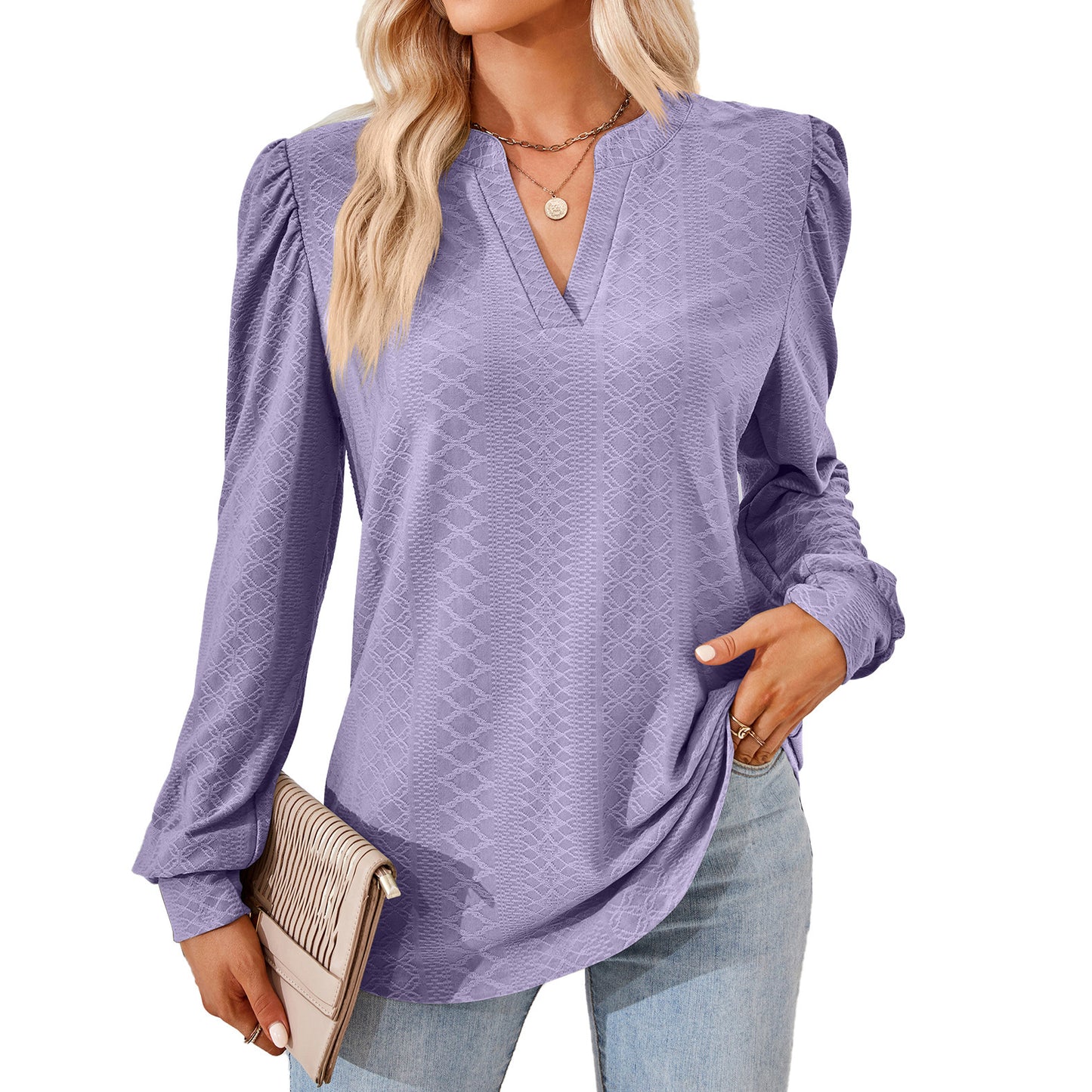 V-neck Jacquard Long Sleeve Loose-fitting T-shirt Top Ladies