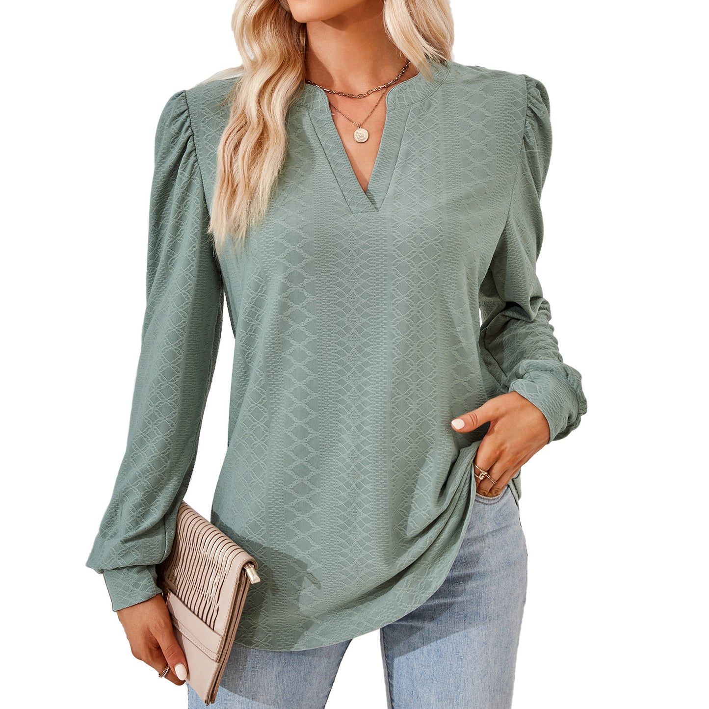 V-neck Jacquard Long Sleeve Loose-fitting T-shirt Top Ladies