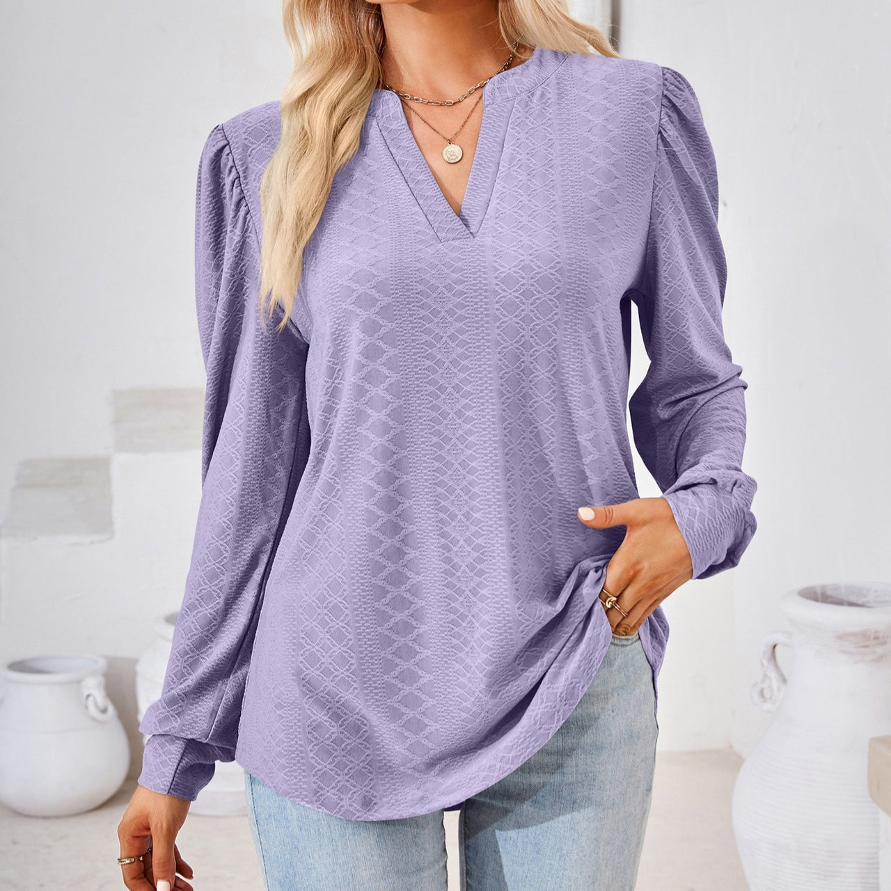 V-neck Jacquard Long Sleeve Loose-fitting T-shirt Top Ladies