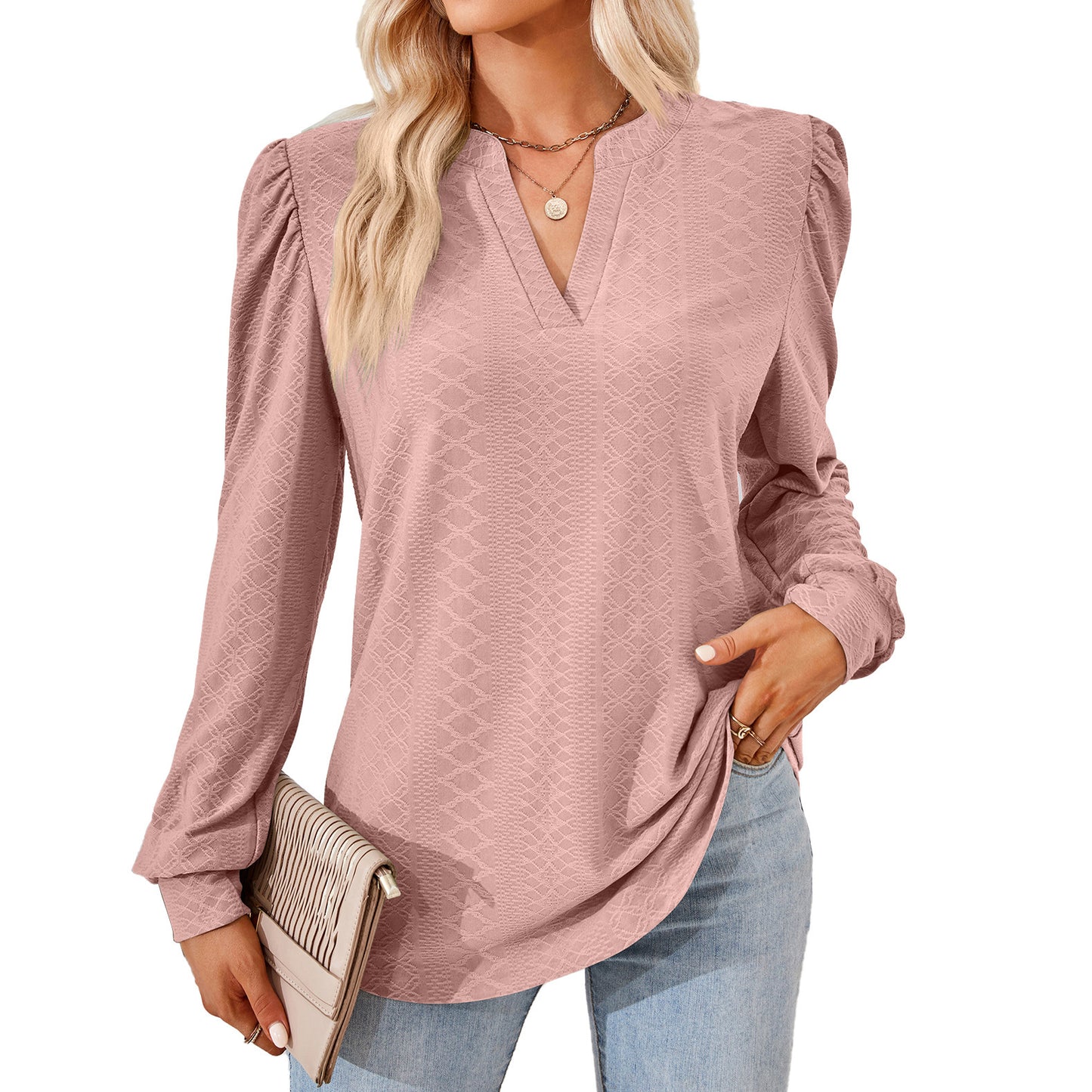 V-neck Jacquard Long Sleeve Loose-fitting T-shirt Top Ladies