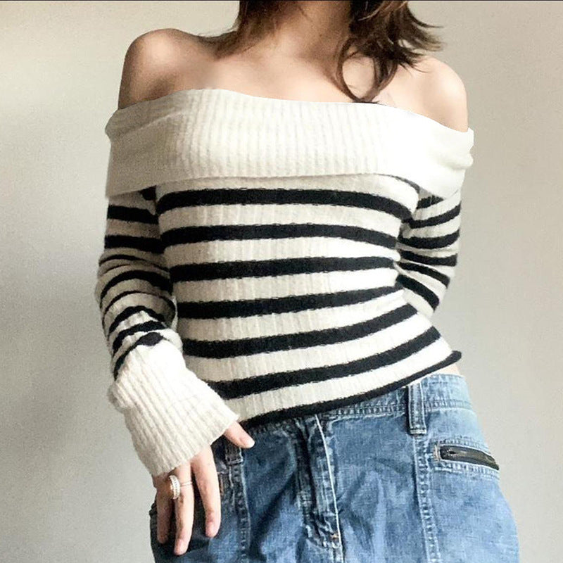 European And American Women's Clothing Contrast Color Striped Off-shoulder Sweater