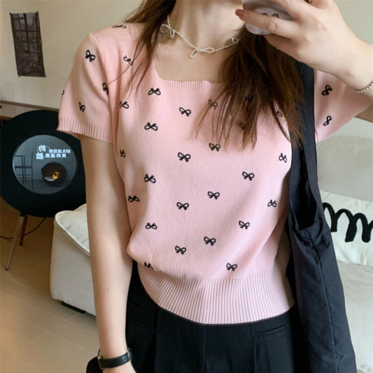 Bow Knitted Short-sleeved Shirt Women