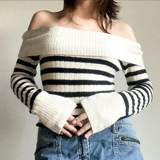 European And American Women's Clothing Contrast Color Striped Off-shoulder Sweater