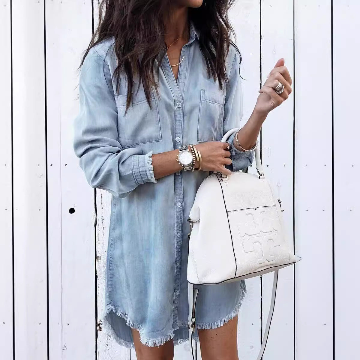 Plus Size Loose Women's Shirt Mid-length Denim Shirt