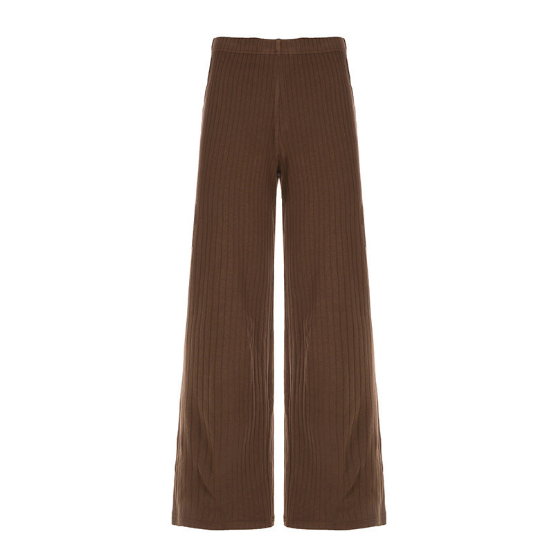 American Retro Solid Color Rib Fabric Basic Knitted Trousers