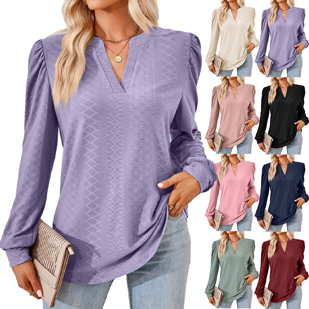 V-neck Jacquard Long Sleeve Loose-fitting T-shirt Top Ladies