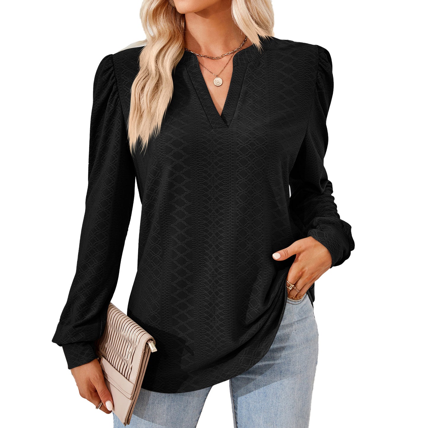 V-neck Jacquard Long Sleeve Loose-fitting T-shirt Top Ladies