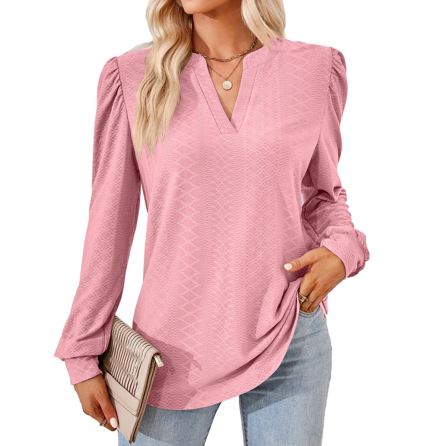 V-neck Jacquard Long Sleeve Loose-fitting T-shirt Top Ladies