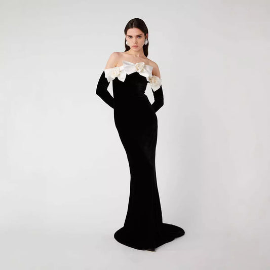 Black Long Sleeve Velvet Dress Fishtail Gown