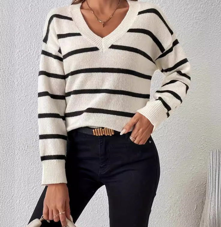 New Casual Striped V-neck Pullover Sweater