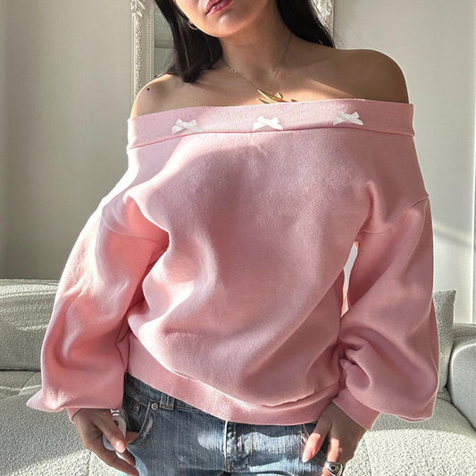 Loose And Lazy Style Off-the-shoulder Long Sleeve Top