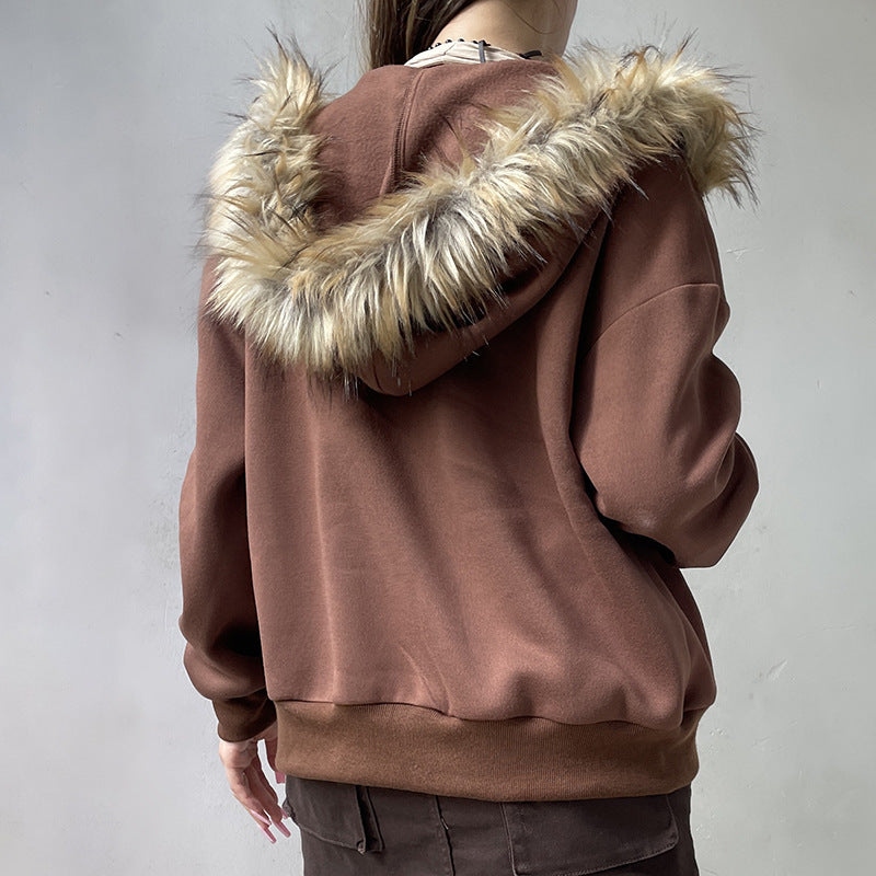 American Retro Fur Collar Hooded Zipper Sweatshirt