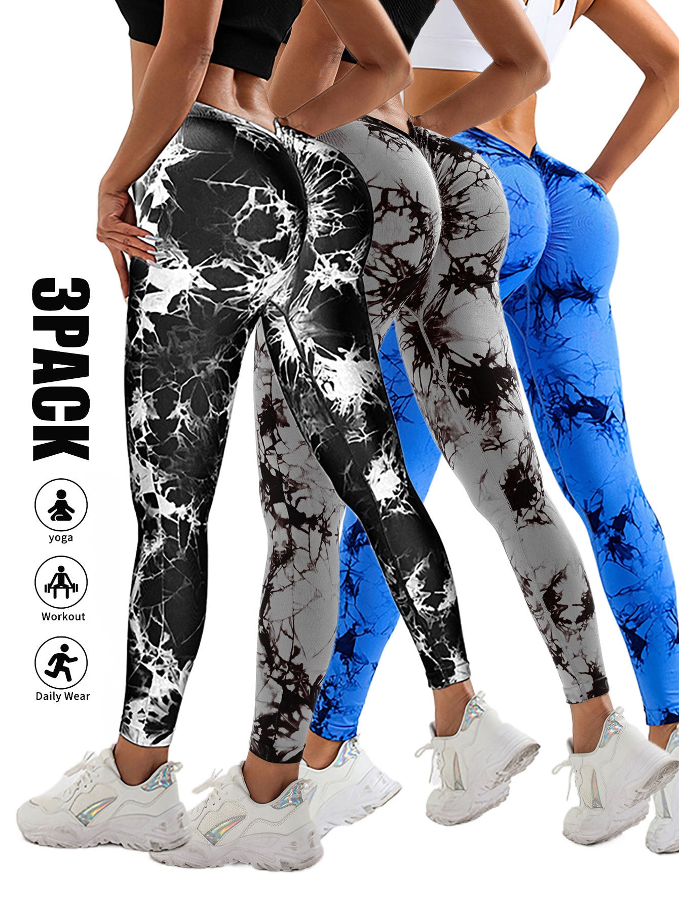 3 Pack Women's Scrunch Workout Leggings, High Waisted Butt Lifting Tie-dye V Back Waist Seamless Gym Yoga Leggings, Workout Leggings For Women Jada Leggings