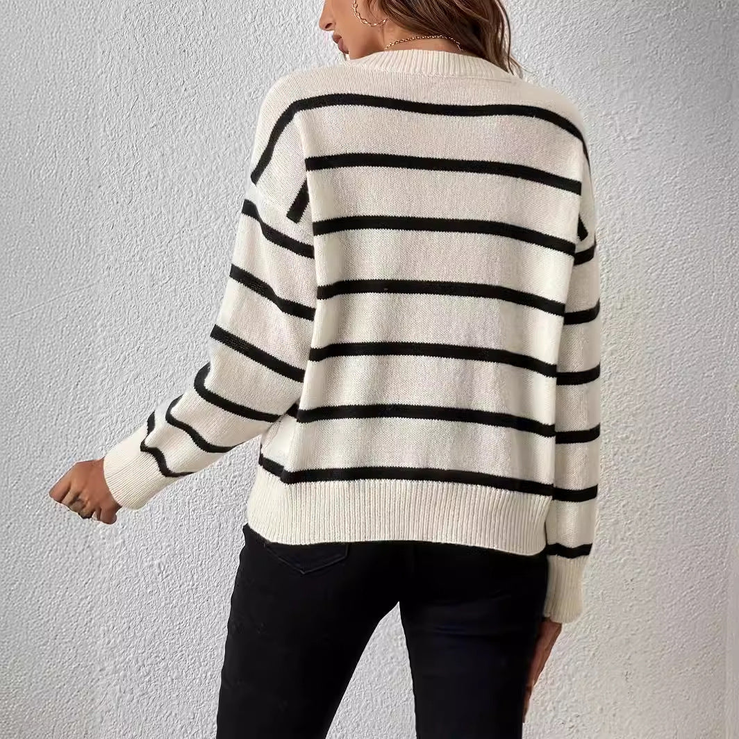 New Casual Striped V-neck Pullover Sweater