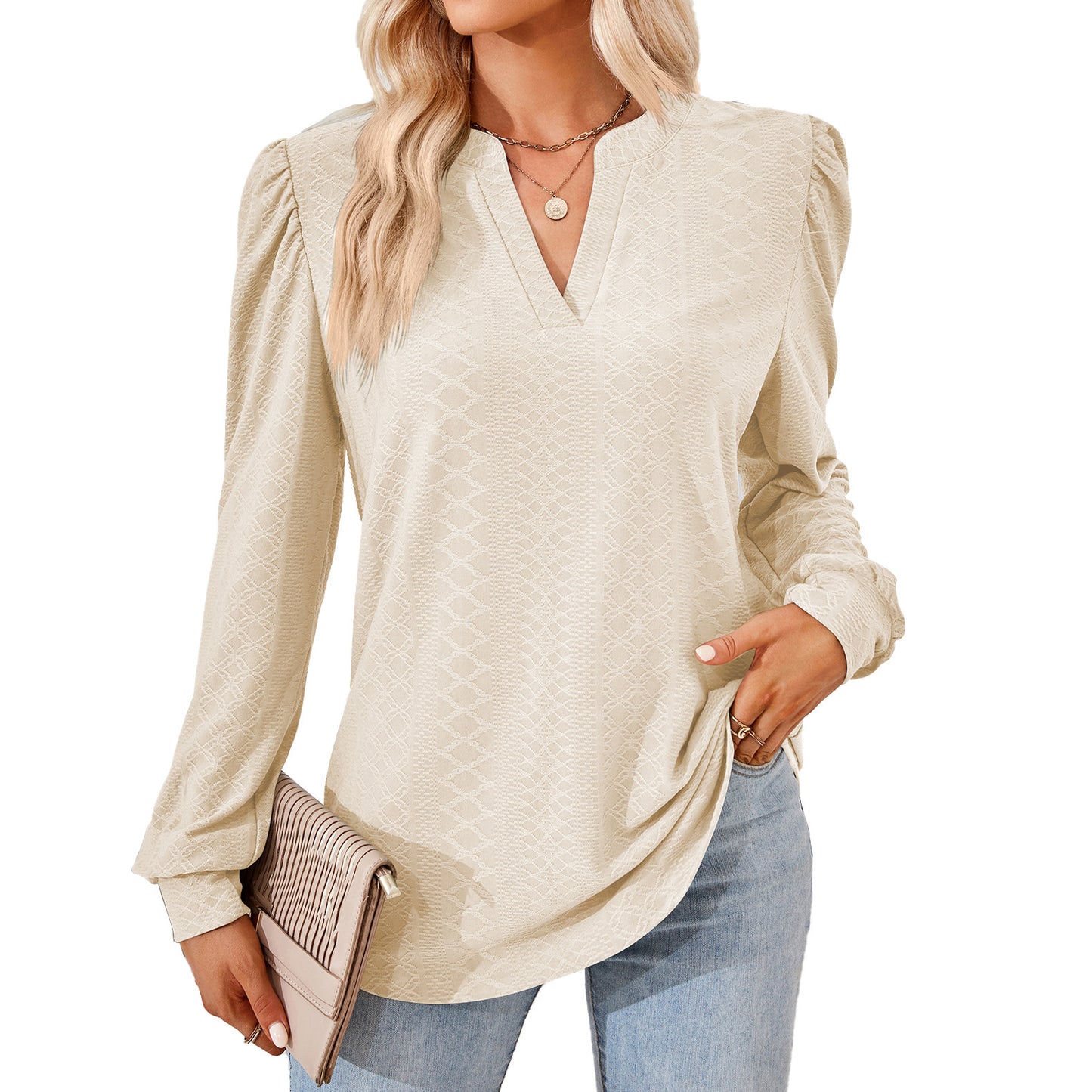 V-neck Jacquard Long Sleeve Loose-fitting T-shirt Top Ladies