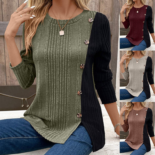 Women's Color Matching Color Contrast Button Split Casual Long Top