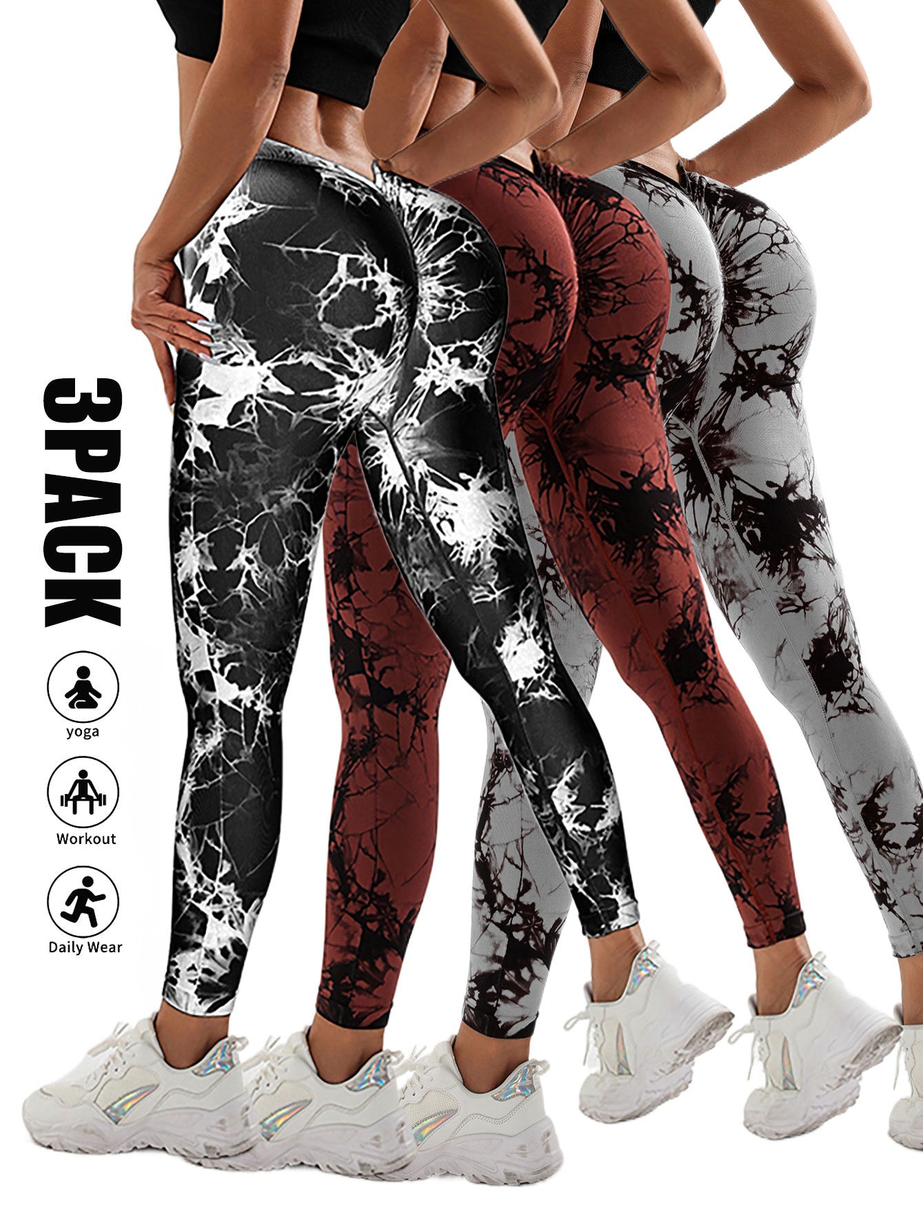 3 Pack Women's Scrunch Workout Leggings, High Waisted Butt Lifting Tie-dye V Back Waist Seamless Gym Yoga Leggings, Workout Leggings For Women Jada Leggings