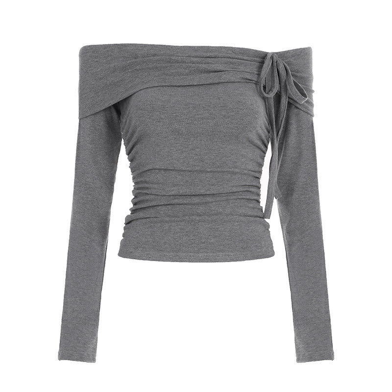 Women's Bow Pleating Waist Trimming Knitted Long-sleeved Top