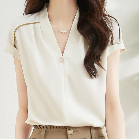 Women's V-neck Short-sleeved White Shirt