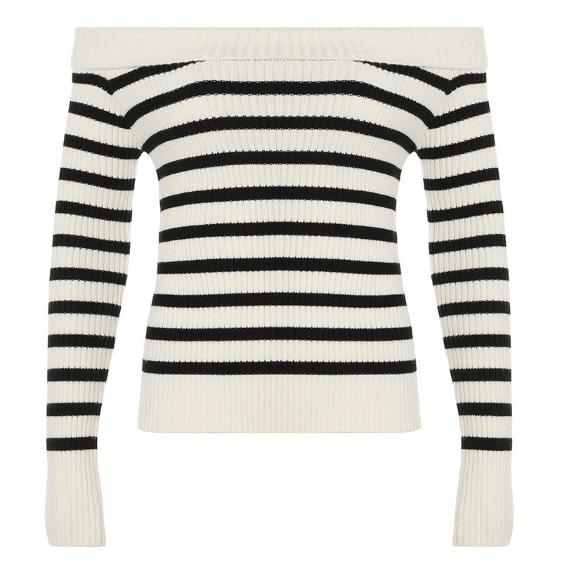 European And American Women's Clothing Contrast Color Striped Off-shoulder Sweater