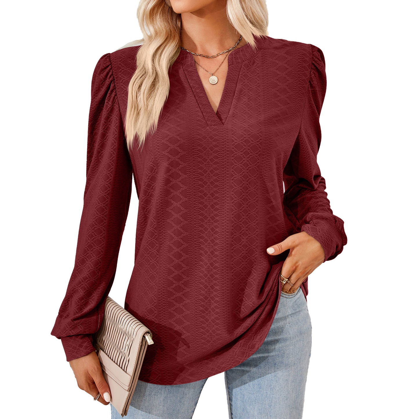 V-neck Jacquard Long Sleeve Loose-fitting T-shirt Top Ladies